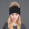 Beanies Beanie/Kafatası Kapakları Kış Kadınlar Gerçek Kürk Pom Şapkalar Yün Örme Kalın Sıcak Çizeli Şapka Lady Moda Bobble Kayak