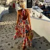 Summer Fashion Deep V Dresses Halter Backless Sleeveless Printed Vacation Beach