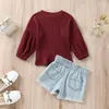 Clothing Sets Toddler Kids Sweater Set Winter Autumn Long Sleeve Puff Crew Neck Ribbed Knit Top Elastic Waist Shorts Girls Outfits 2PCS