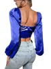 Camisetas femininas Black Slave Long Puff Manuve Mulheres elegantes Top e blusa Primavera outono 2023 Sexy Backless Crops Tops Solid Fashion Blusas J