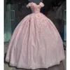 Lavendel bling paljett spets söt 16 quinceanera klänningar från axeln 3d blommor applikation pärlor korsett klänning vestidos de 15 anos6913116
