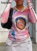 T-shirt feminina Hawthaw Mulheres de manga longa Malha gráfica, veja através da camisa Tops Tees Streetwear Roupas de verão Itens de atacado para negócios 230204