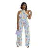 Jumpsuits voor dames rompers 2023 zomer dames straat casual meisje stijl mouwloze hangende nek sjerpen bedrukt lange broek