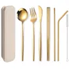 Ensembles de vaisselle en acier inoxydable Vaisselle portable Ensemble de boîte à blé 7 pièces Couteau portugais Fourchette Cuillère Baguettes Paille