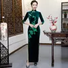 Etniska kläder Green Velor Women Embroidery Cheongsam Slim Party Dress Spring Chinese Style Mandarin Collar Qipao Sexig klänning Vestido S-5XL