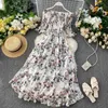 Vestido estampado floral estilo férias à beira-mar Deusa Temperamento ombro de fora alto