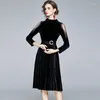 Casual Dresses Women Böhmen vintage Velvet Dress 2023 Autumn Hollow Out Mesh Patchwork Long Sleeve Party Lady