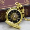 Pocket Watches Golden Hand Wind Mechanical Watch Men Hollow Skeleton Vintage Fob Necklace With Chain for Women PJX1325