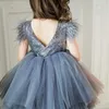 Girl Dresses Kids Puffy Glitter Flower Tulle Skirt Sequin Princess Dress Backless Feather Sleeves Baby Wedding