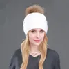 Beanies Beanie/Skull Caps Winter Women Real Fur Pom Hatsウールニット厚い温かい裏地付き帽子レディファッションボブルスキー