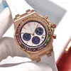 37mm Quartz Chronographe Montre Femme 26236 Boîtier en Or Rose Cadran Blanc Sous Cadran Violet Arc-en-Ciel Diamant Lunette Bracelet en Caoutchouc Blanc Watch285t