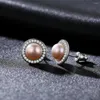 Stud Earrings Genuine 7-7.5mm Natural Beauty Round White Pearl Zirconia Stone Brincos Women 925 Sterling Silver Jewelry