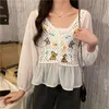 Kadınlar bluz gömlekleri Kore tarzı seksi içi boş out dantel bluz 2023 bahar boho giyim tığ örme üstler kadınlar retro nakış shir