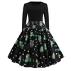 Vestidos casuais Vintage Big Swing Print Christmas Dress Women Women Winter Manga O pescoço Festa de ano sexy Plus Tamanho