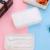 Set di stoviglie Bento Box giapponese - Pranzo con scomparti - Posate da 3 pezzi - Coperchio in bambù per pranzo per bambini Adulti (Bianco)