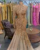 2023 High Neck Prom Dresses Mermaid Sequins Lacee Applique Custom Made One Shoulder Long Sleeves Ruched Evening Party Gowns vestidos Formal Occasion Wear Plus Size