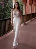 Runway Wmen Tute A Line Abiti da sposa Applique in pizzo Maniche lunghe Treno staccabile Giardino Spiaggia Boho Abiti da sposa Elopement Abiti da sposa Avorio Vestido De Novia