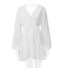 Casual jurken witte kanten feestjurk mode solide lange mouw losse herfst vrouwen elegante sexy diepe v-neck a-line chiffon vestido