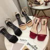 Dress Shoes Burgundy Silk Sandals Women Solid Block High Heels Summer Female Apricot Square Toe Gladiator Lady Casual Peep