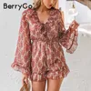 Jumpsuits voor dames rompers Berrygo elegant v nek veter omhoog bloemenprint vrouwen playsuits flare mouw chiffon romper vakantie strand dames ove