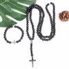 Collane con ciondolo Collana lunga classica croce cristiana Collana con perline di pietra lavica nera naturale Pendenti con perline per donna Uomo Set di gioielli