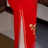 Etnische kleding aankomst vintage rode print bloemenvelour Cheongsam bruid trouwjurk jurk mandarijn kraag herfst sexy lange elegante qipao