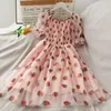 Vestido super fada feminino de verão, lantejoulas, morango, estampado, cintura alta, médio