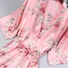 Women's Sleepwear Sexy Mini Pink Chinese Traditional Women Silk Robe Novelty Kimono Yukata Pajamas Printed Flower Nightgown Size M L XL