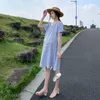 Maternity Dresses Summer Fashion Loose Short Sleeve Dress Blue Yellow Lace Patchwork O-neck Pregnant Women A-line Plaid Casual