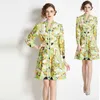 Boutique Womens Printed Dress Long Sleeve Dresses 2023 Spring Autumn Floral Dress High-End V-Neck High Midist Lady Dresses