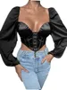 Damen T-Shirts Schwarz Lange Puffärmel Elegante Frauen Top und Bluse Frühling Herbst 2023 Sexy rückenfreie Crop Tops Solide Mode Blusas J