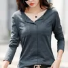 Women's T Shirts Fashion V Neck Ladies Cotton T-shirt Loose Autumn 2023 Långärmad topp A6135