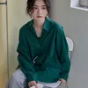 Women's Blouses DUOFAN Solid Shirts Hong Kong Style Retro Chic Long Sleeve Shirt 2023 Spring Summer Dark Green Top Cardigan Women French
