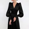 Casual Dresses Women Satin Elegant Evening Long Luxury Lantern Sleeve Single Breasted High Waist Chic Midi Robe Party Outfits