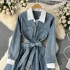 Robes décontractées de base Sweet Patchwork à manches longues Fake Two Two Fashion A-Line Denim Shirt Robe Vestidos coréen printemps automne 2024