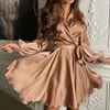 Casual jurken dames v-neck slip mode lantaarn mouw a-line satijn elegante nachtclub feestjurk dames streetwear vestidos