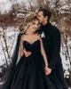 Gothic Black A-Line Wedding Dresses 3D Floral Applique Cape Tulle Sleeves Sweetheart Neck Long Train Satin Bridal Gowns Back Lace-up Plus Size Vintage Bride Dress