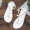 Sandalen zomer vrouwen platte clip-teen parel snaar plus maat schoenen 43 trendy strand roze slip-on flats