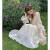 Vestidos casuais Herstory 2023 Vintage Fairy Chiffon Long Women Women White elegante Partido francês Midi Puff Sleeve Rouve