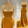 2023 Gold Prom Dresses Illusion Top Lace Applique High Collar Beaded Side Slitt Long Hleeves Custom Made Evening Gown Formal OCN Wear Vestidos Plus Size 403 403