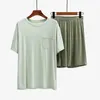 Herren-Nachtwäsche, Pyjama, 2-teiliges Set, hochwertiges Modal, kurzärmeliges T-Shirt mit Shorts, lässige Tasche, Homewear, dünne Eisseide-Sets