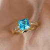 Anneaux de mariage Mignon Femme Cristal Bleu Pierre Bague Vintage Jaune Or Couleur Pour Femmes Petite Mariée Carré Zircon Fiançailles