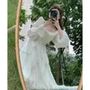 Vestidos casuais Herstory 2023 Vintage Fairy Chiffon Long Women Women White elegante Partido francês Midi Puff Sleeve Rouve