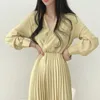 Casual Dresses Arrival 2023 Autumn Korean One-Piece Women'S A-Line Pleated Long Dress Elegant Fashion Solid Color Office Ladies Dres