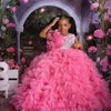 Pink Ruffles Flower Girl Dresses For Wedding Jewel Neck Little Girl's Pageant Ball Gown Appliced ​​Spets Kids Toddder Formal Party Wear First Communion Dress CL1787