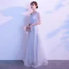 Ethnic Clothing Mesh Perspective Blue Cheongsam Flying Sleeve Belt Qipao Rhinestone Sequins Evening Party Dresses Pleated Sparkly Lady Vesti