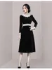 Casual Dresses Vintage Black Velvet Dress 2023 Spring White Lace Skiv High midja Elegant Party for Women