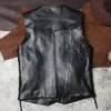 Gilet da uomo Gilet in pelle da motociclista da motociclista maschile Pelle di capra maschile Giubbotti senza maniche genuini Scollo a V Gilet regolabile in pelle di pecora neraUomo