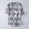 Men's T Shirts Summer Cotton Linen Short Sleeves T-shirt Men Fashion Plaid Tee Shirt O Neck Tops Tees Casual Tshirt TS-413