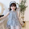 Robes de fille enfant en bas âge enfants manches d'été épaule dénudée froncé à plusieurs niveaux robe au genou enfants bébé filles décontracté maille étoiles vêtements 2-8Y